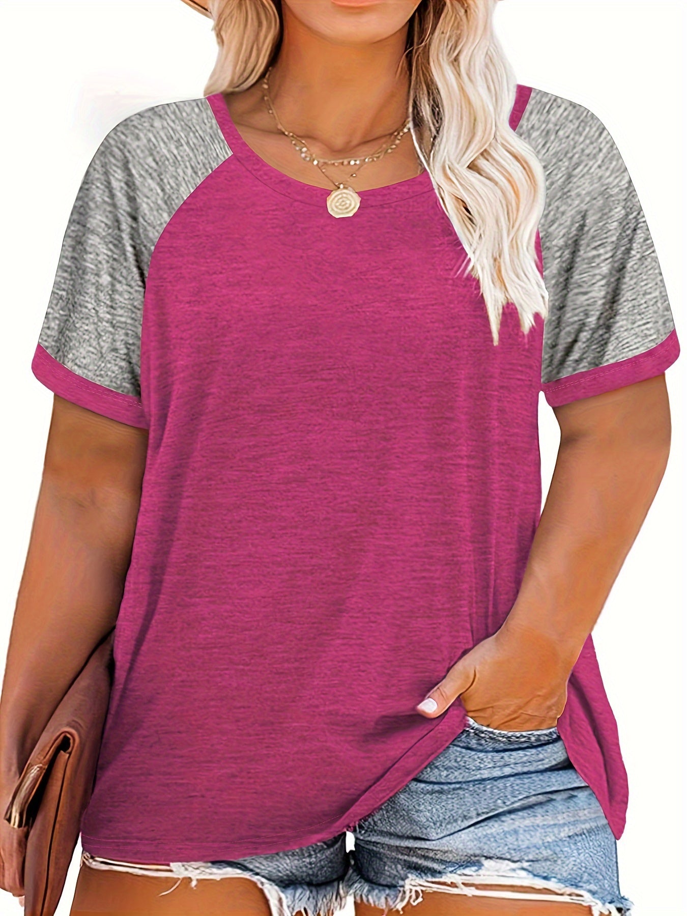 [Plus Size Slight Stretch T-shirt] Plus Size Casual T-shirt, Women's Plus Colorblock Short Sleeve Round Neck Slight Stretch T-shirt