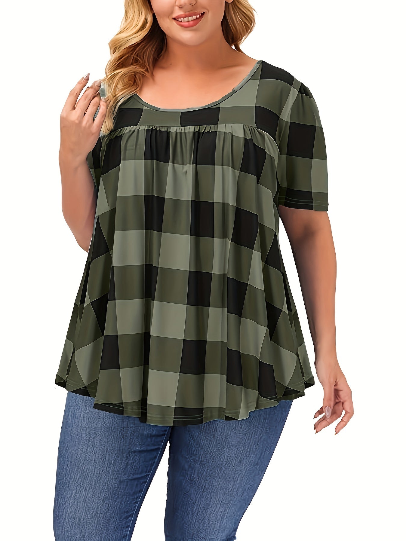 Women's Plus Size Blend T-Shirt - Short Sleeve, Round Neck, Loose Fit with Geometric Print