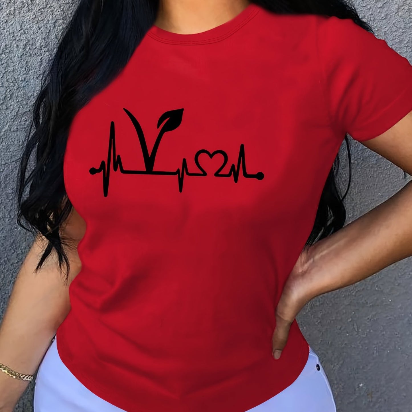 Plant Print Short Sleeve T-Shirt, Crew Neck Casual Top For Summer & Spring, Women's Clothing