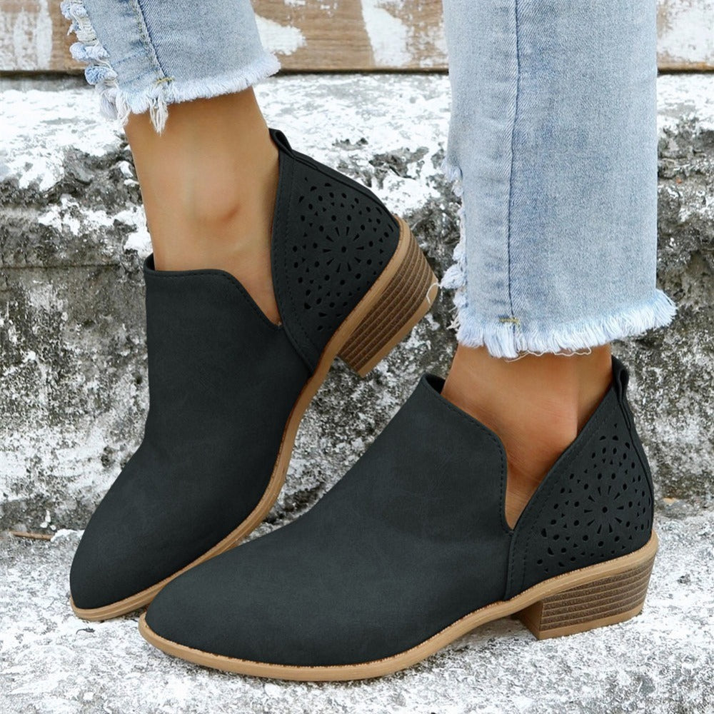 [V Cut Ankle Boots Short] Women's Ankle V Cut Short Boots, Hollow Out Chunky Heel Pointed Toe Shoes, Women's Footwear