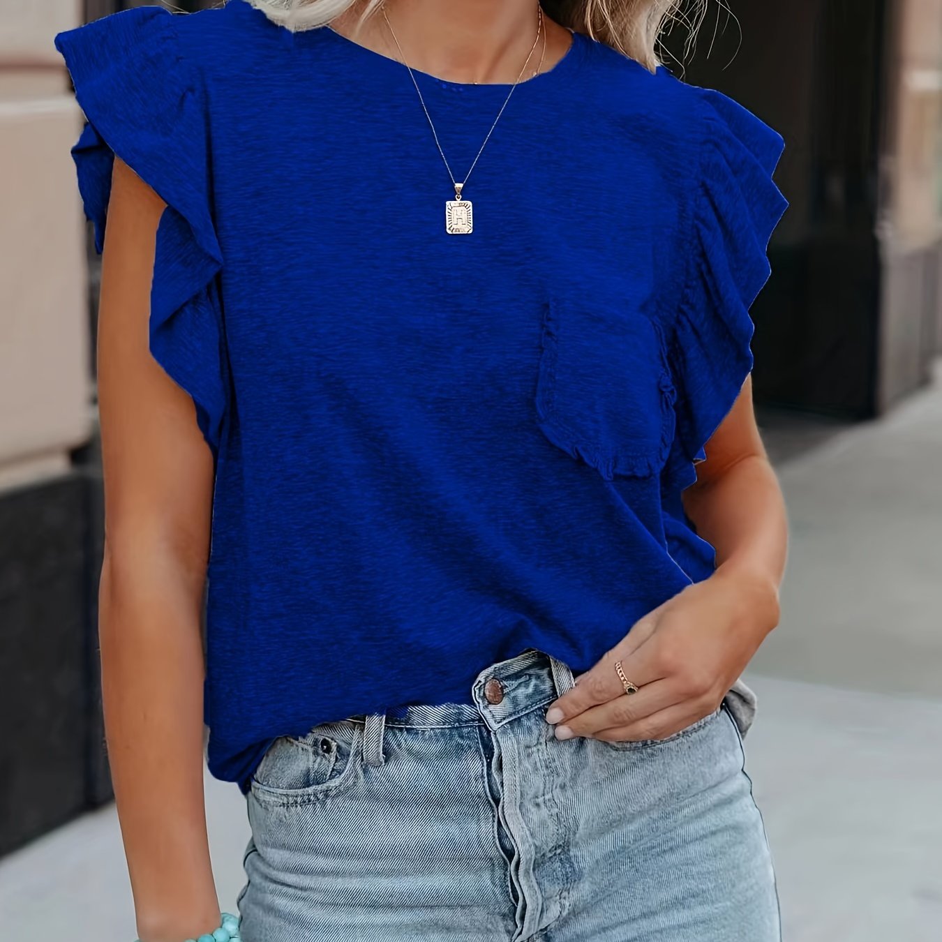 Flirty Ruffle Trim T-shirt - Versatile Solid Color, Crew Neck with Pocket - Perfect Summer Wear for Women
