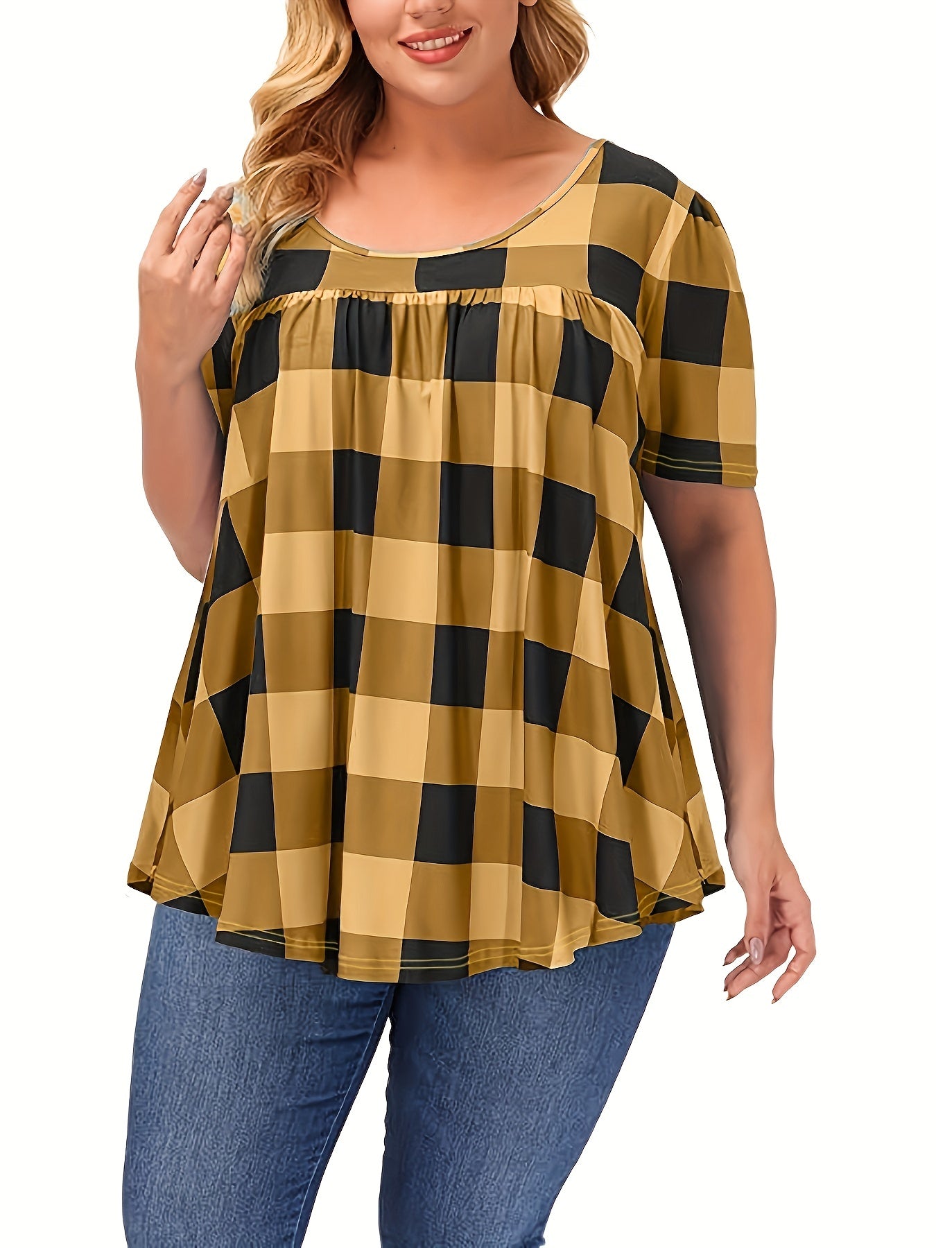 Women's Plus Size Blend T-Shirt - Short Sleeve, Round Neck, Loose Fit with Geometric Print