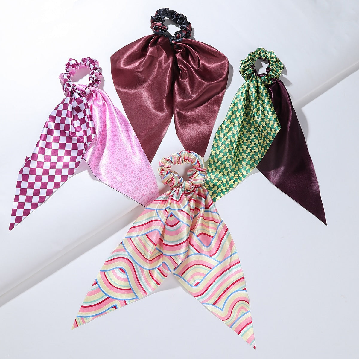 4pcs Adorable Japanese Anime Cartoon Printed Fabric Bowknot Hair Scarves with Elastic Hair Ties for Women - Soft, Comfortable, and Easy to Wear Ponytail Holders for Various Hairstyles - Cute Hair Accessories for Anime Fans