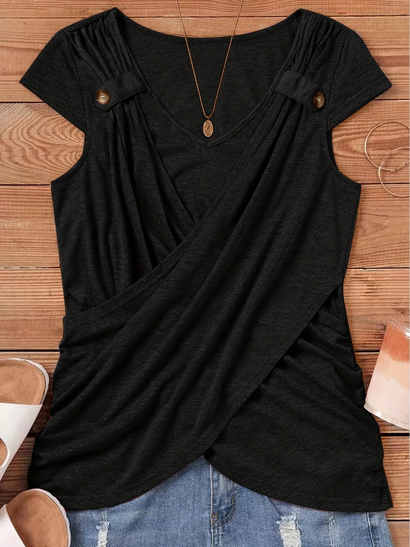 Ruched Button Decor Crew Neck T-Shirt, Casual Short Sleeve Top For Spring & Summer, Women's Clothing