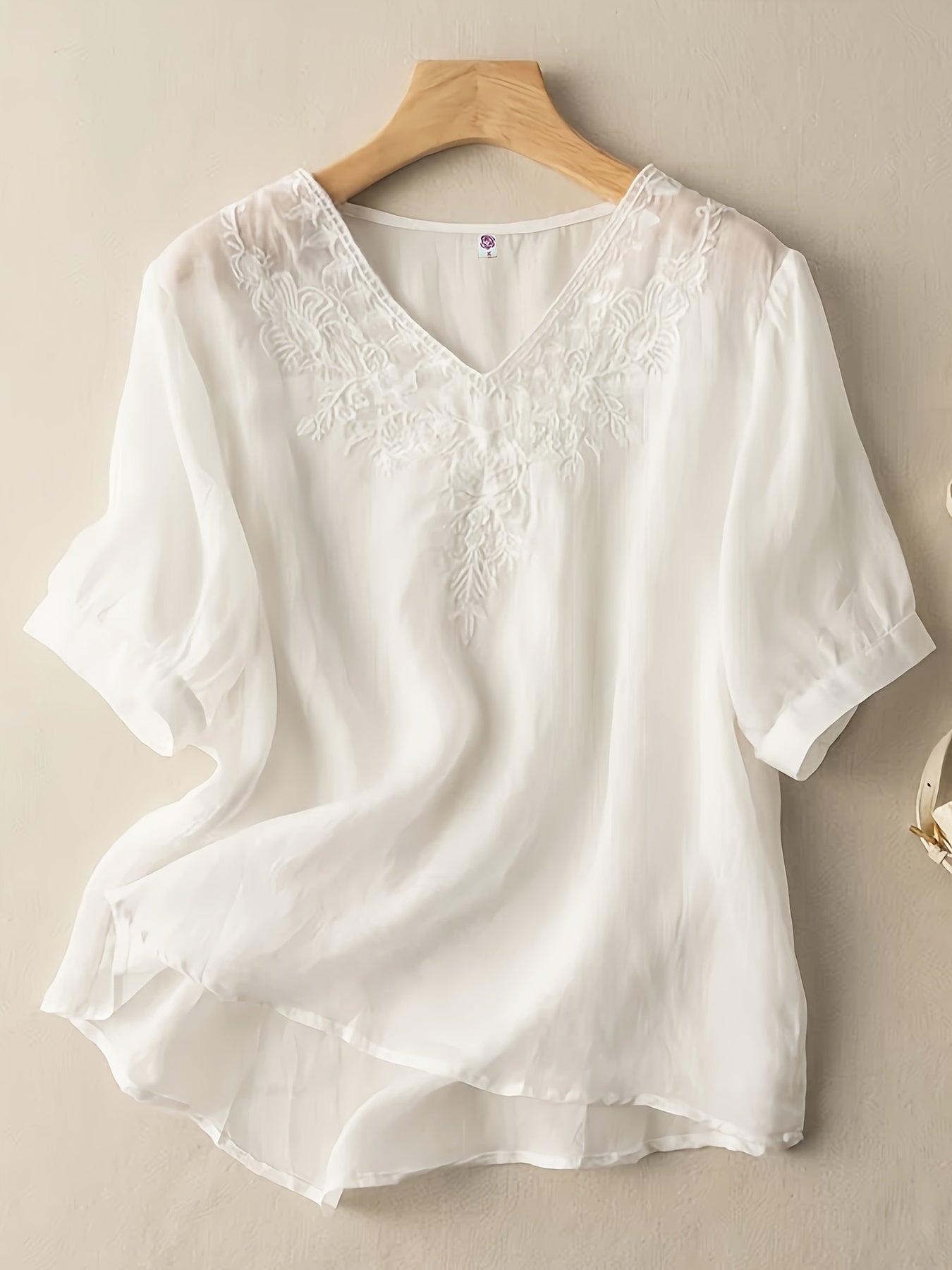 Floral Embroidery V Neck T-shirt, Vintage Half Sleeve Loose T-shirt For Spring & Summer, Women's Clothing