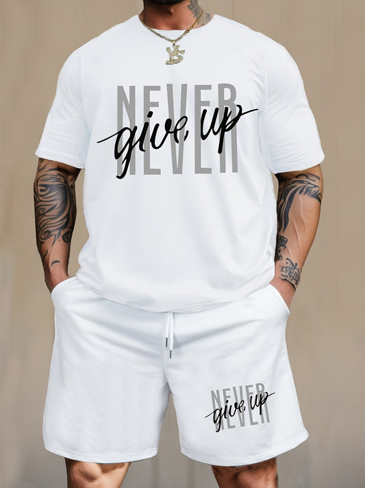 2-Piece Men's Fashion Graphic Loungewear Set - Short Sleeve Crew Neck T-Shirt, Drawstring Shorts with Pockets, Soft, Breathable, Casual Pajama Outfit for Men, NEVER GIVE UP Letter Print Design, Ideal for Relaxation and Leisur