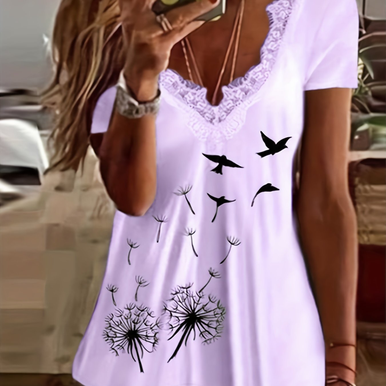 For Spring & Summer, Casual Short Sleeve Contrast Lace Dandelion Print T-Shirt, Women's Clothing