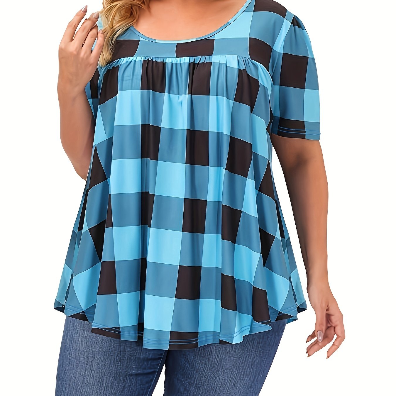 Women's Plus Size Blend T-Shirt - Short Sleeve, Round Neck, Loose Fit with Geometric Print