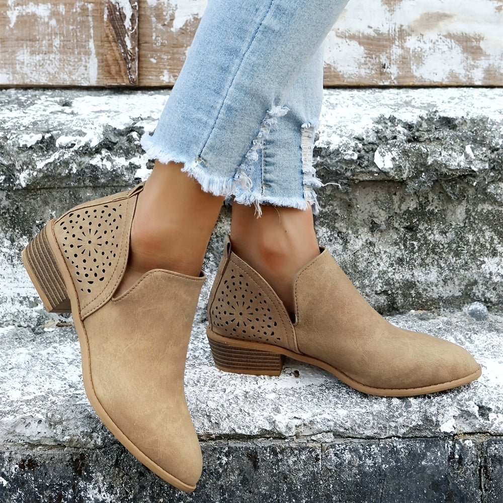 [V Cut Ankle Boots Short] Women's Ankle V Cut Short Boots, Hollow Out Chunky Heel Pointed Toe Shoes, Women's Footwear