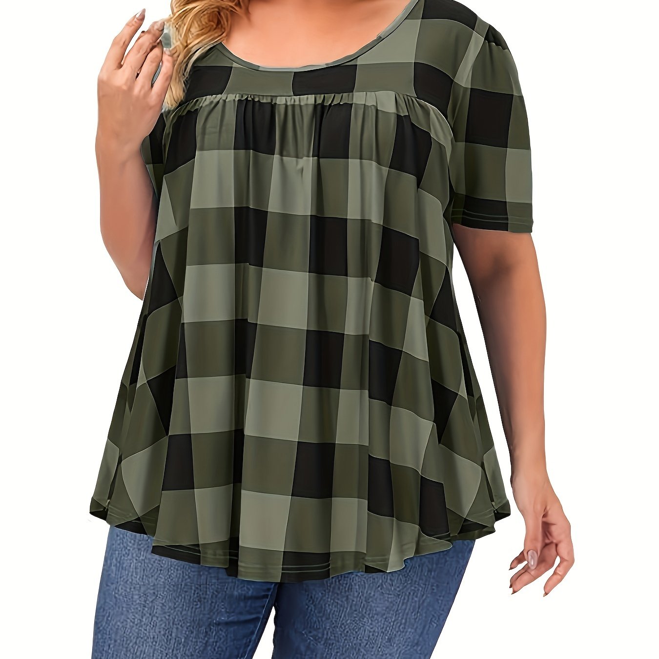 Women's Plus Size Blend T-Shirt - Short Sleeve, Round Neck, Loose Fit with Geometric Print