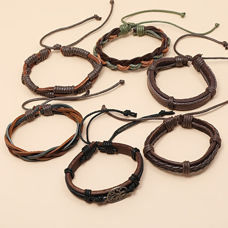 Vintage Funky Men's Adjustable Alloy Multilayer Combination Tree Of Life PU Leather Braided Bracelet