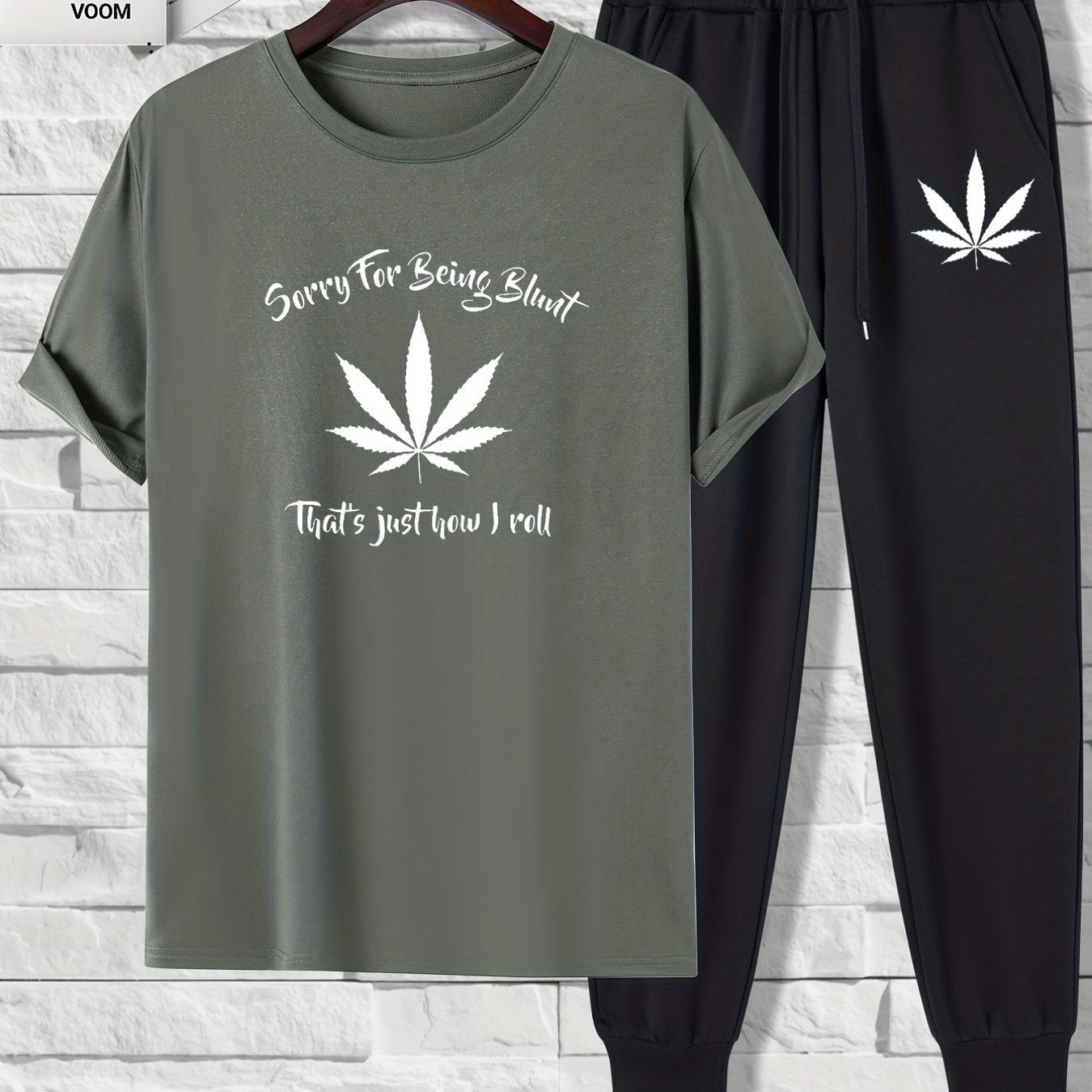 2 pieces Leaf Print Men's 2-Piece Set: Short Sleeve T-Shirt & Drawstring Trousers