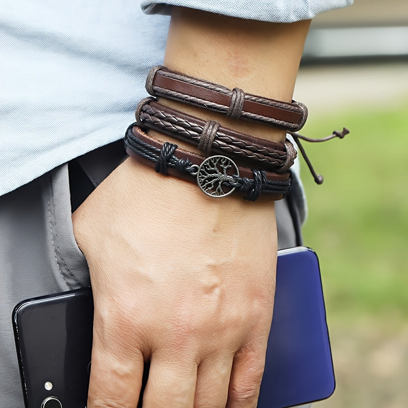 Vintage Funky Men's Adjustable Alloy Multilayer Combination Tree Of Life PU Leather Braided Bracelet