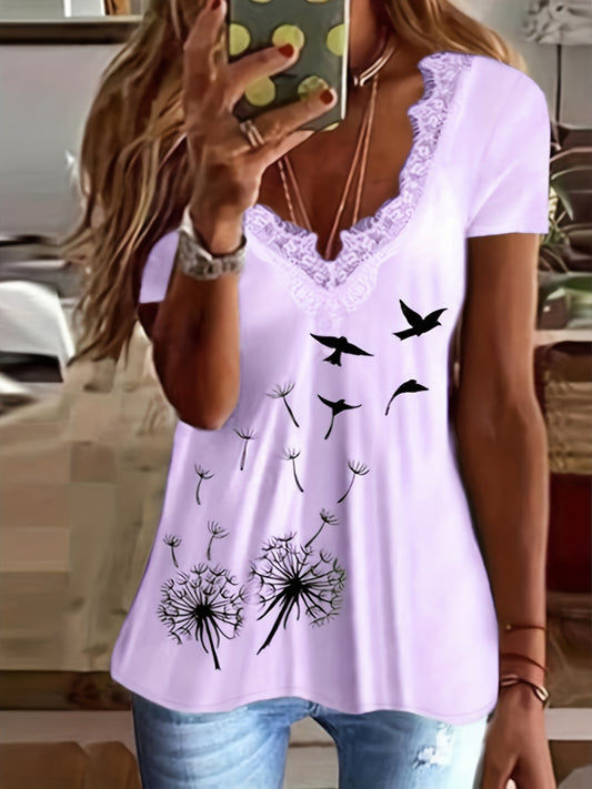 For Spring & Summer, Casual Short Sleeve Contrast Lace Dandelion Print T-Shirt, Women's Clothing