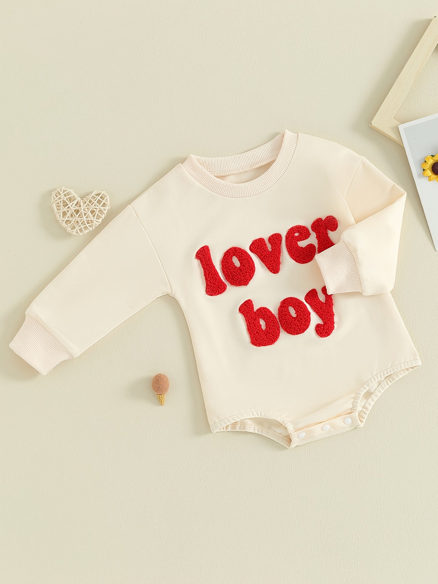 [Home Relaxation] Cozy 'Lover Boy' Cotton Romper for Babies - Red Long-Sleeve Jumpsuit with White Lettering, Machine Washable, Perfect for Fall/Winter, Comfortable Babywear | Casual Baby Jumpsuit | Cotton Blend Fabric, Boy Ba