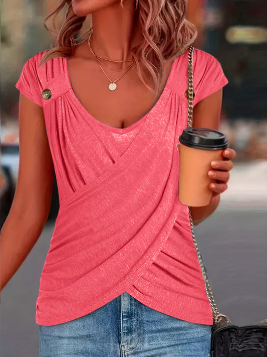 Ruched Button Decor Crew Neck T-Shirt, Casual Short Sleeve Top For Spring & Summer, Women's Clothing
