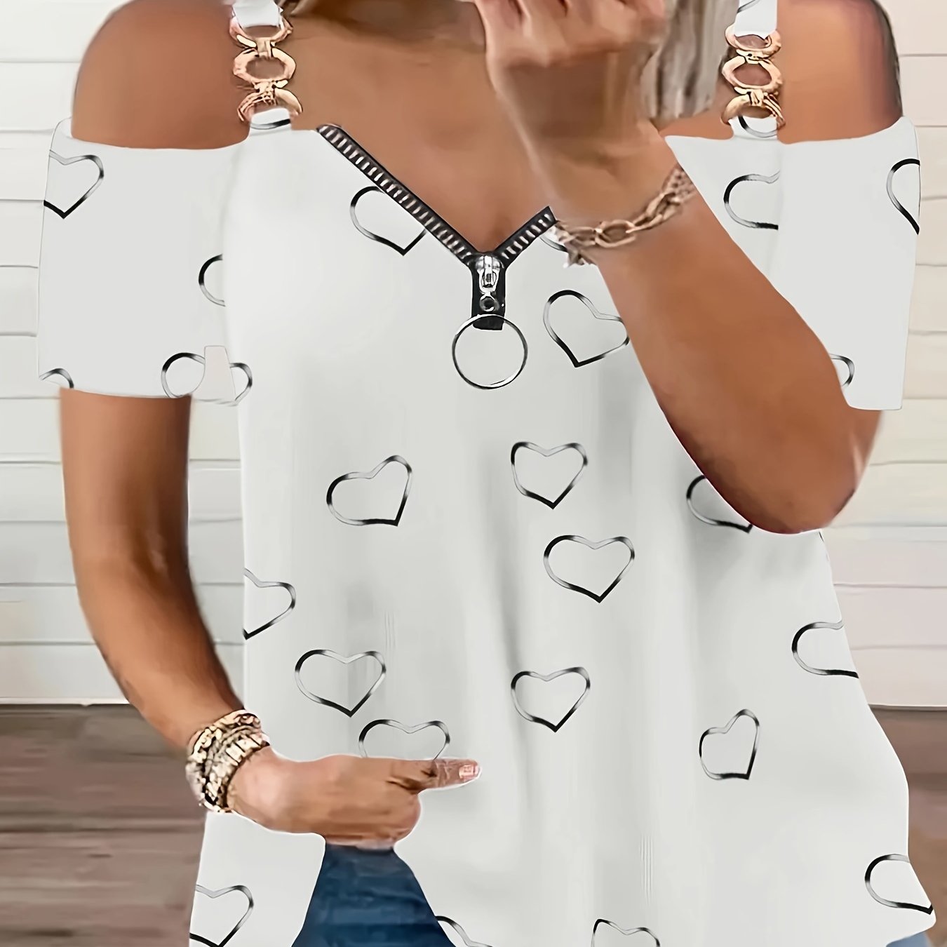 Cold Shoulder Heart Print T-Shirt, Casual Zipper Short Sleeve T-Shirt For Spring & Summer, Women's Clothing