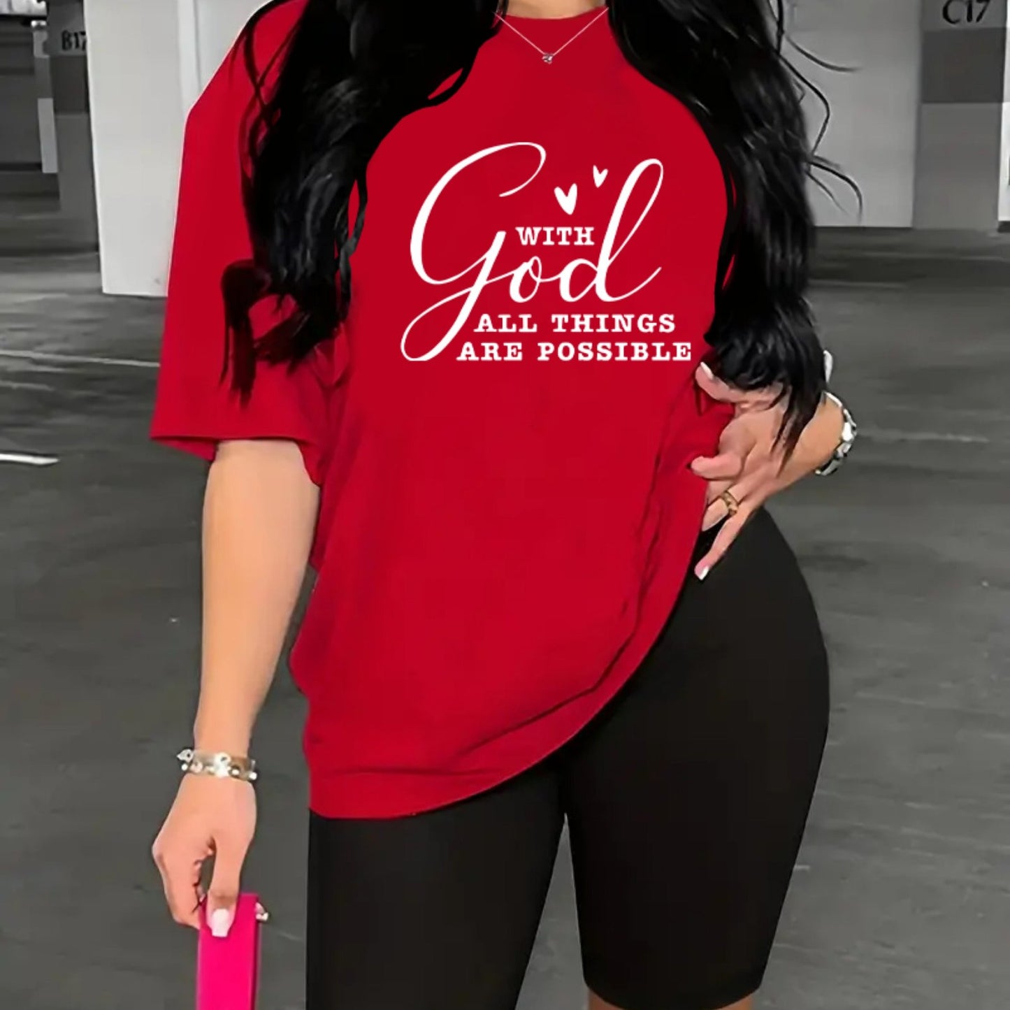 2-Piece "With God All Things Are Possible" Print Summer Shirt And Shorts Set, Casual Sportswear For Women, T-Shirt & Athletic Shorts Outfit