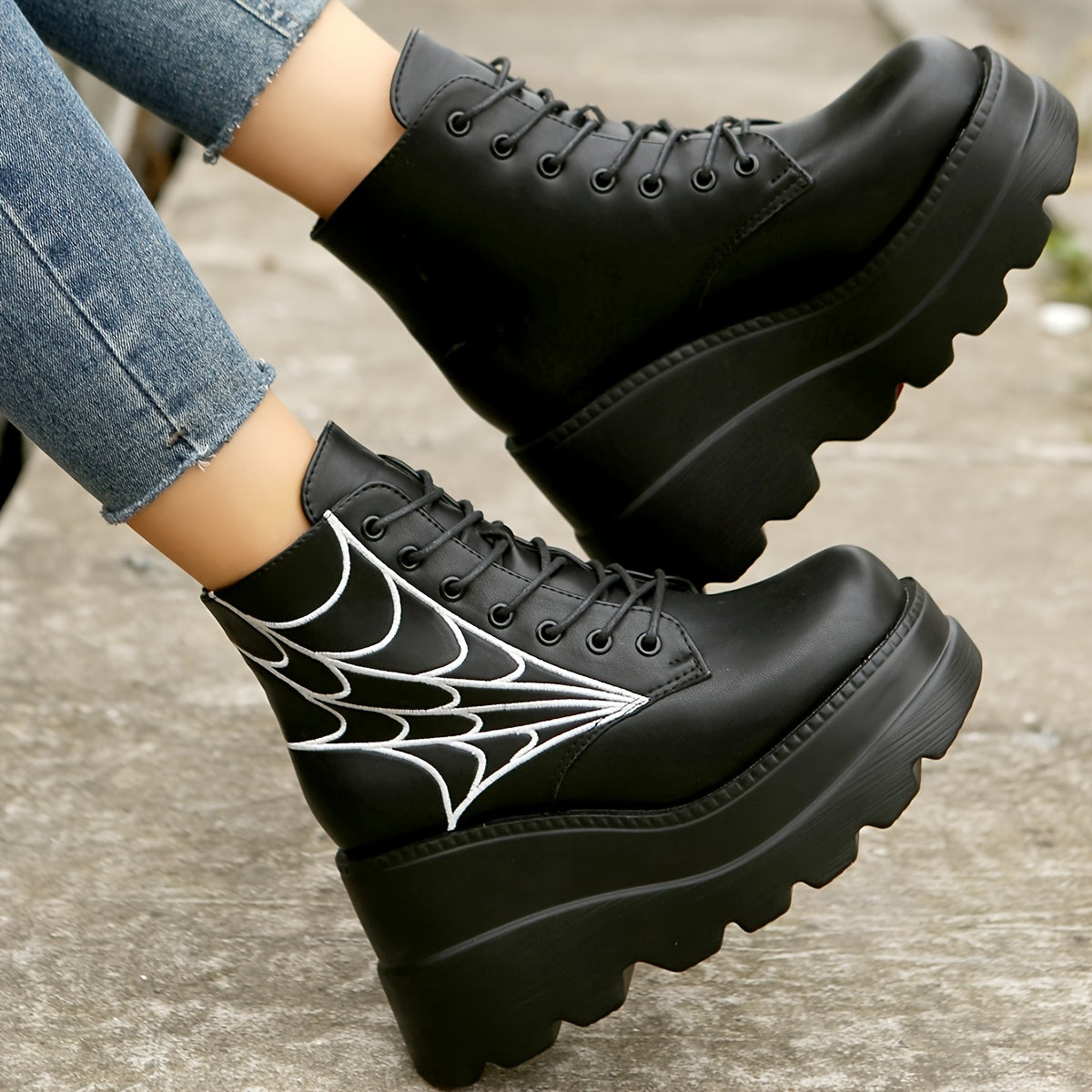 Women's Platform Wedge Ankle Boots, Height Increasing Side Spider Web Decor Short Boots, Women's Footwear