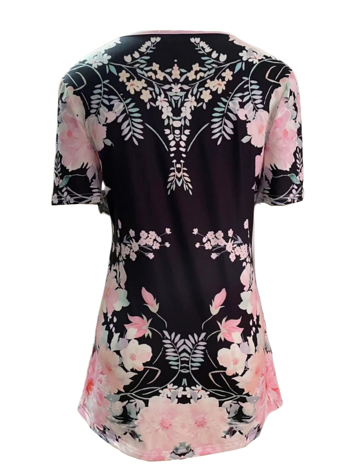 Charming Floral Print T-Shirt with Glamorous Faux Pearl Accents - Comfortable V Neck Short Sleeve Top - Ideal Casual Wear for Spring & Summer - Womens Fashion Essential