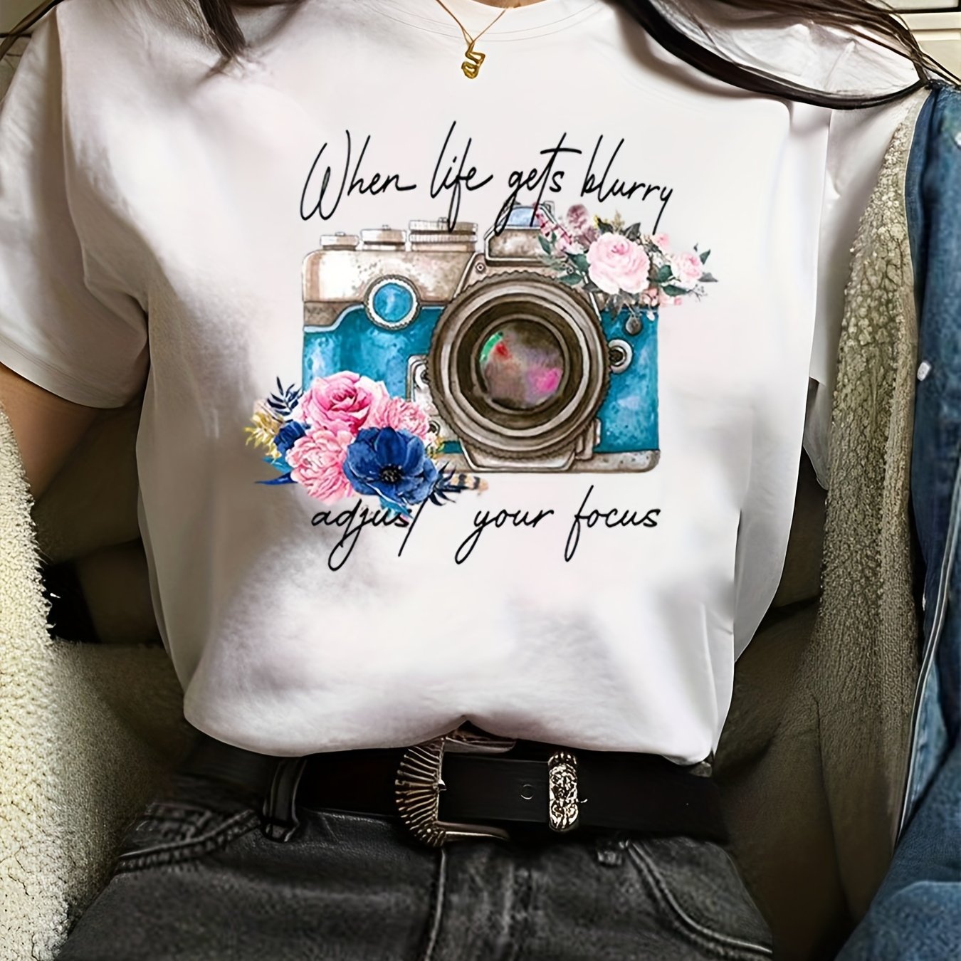 Trendy Flower Camera Print Womens T-Shirt - Soft Cotton Blend, Short Sleeve Crew Neck - Perfect Casual Style for Spring & Summer
