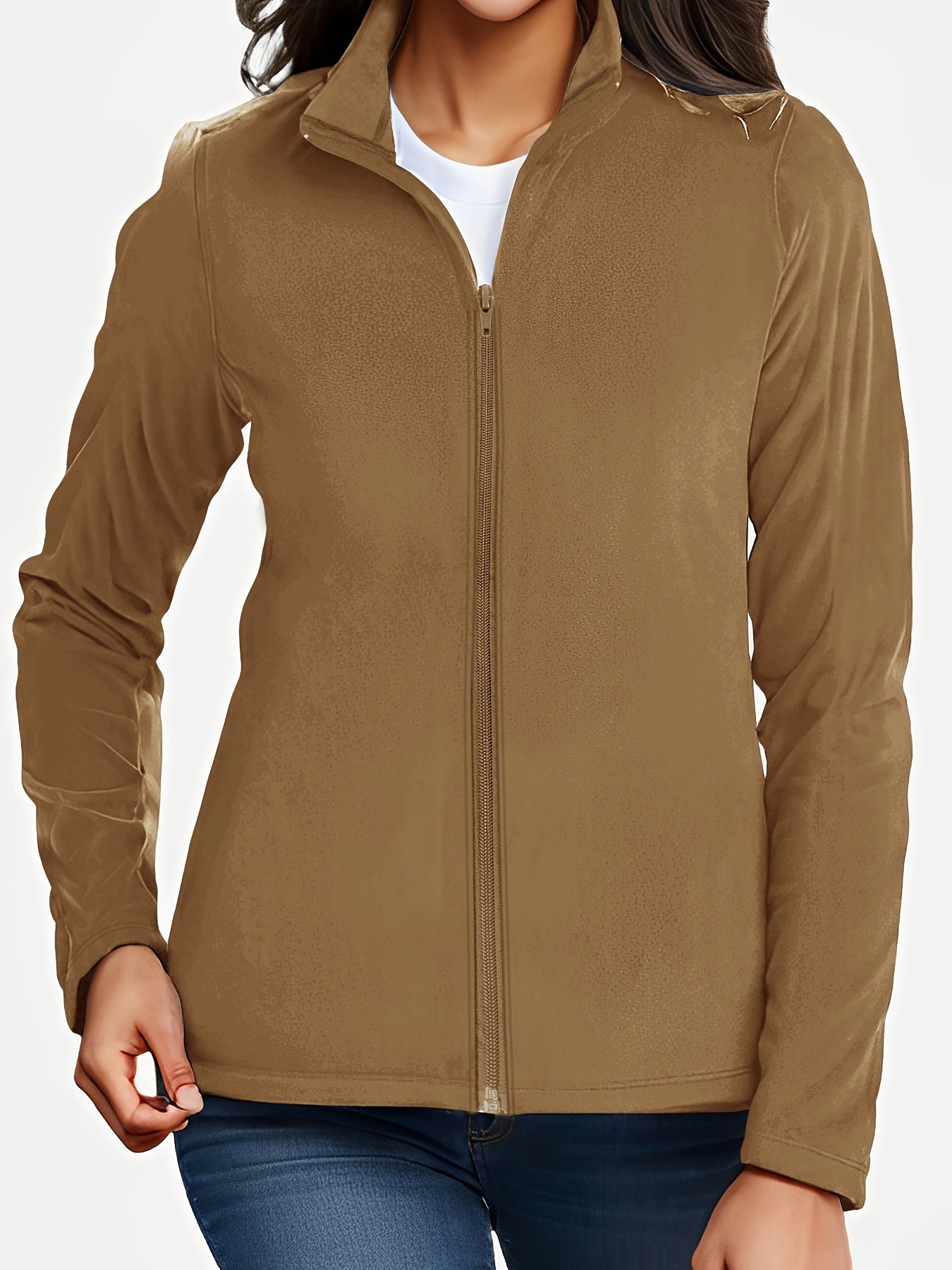 Thermal Stand Collar Jacket, Warm Solid Zipper Jacket, Casual Outerwear For Fall & Winter, Women's Clothing