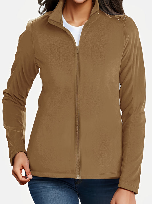 Thermal Stand Collar Jacket, Warm Solid Zipper Jacket, Casual Outerwear For Fall & Winter, Women's Clothing