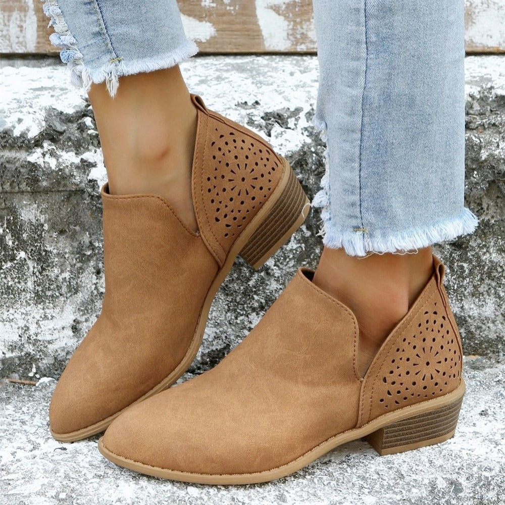 [V Cut Ankle Boots Short] Women's Ankle V Cut Short Boots, Hollow Out Chunky Heel Pointed Toe Shoes, Women's Footwear