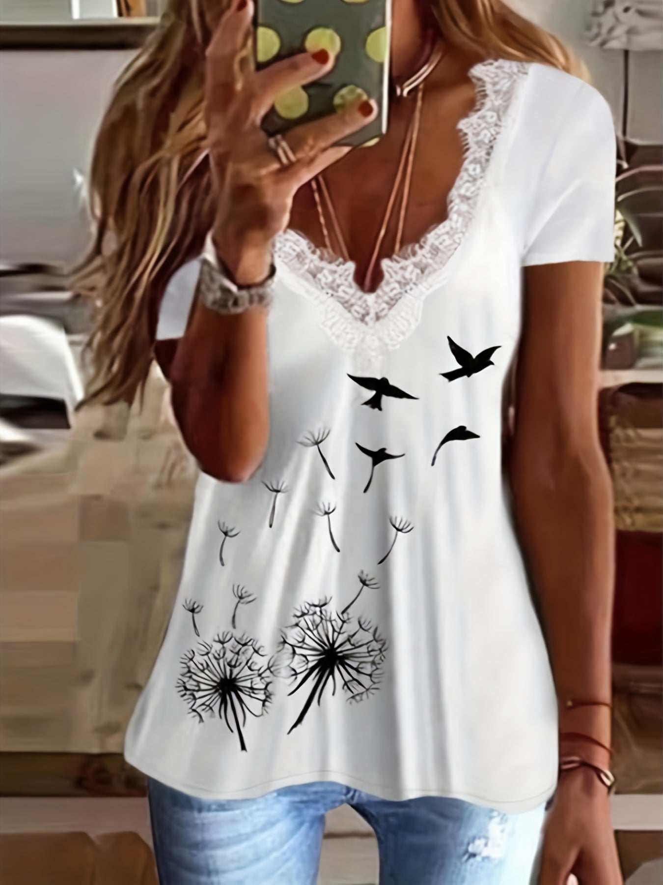 For Spring & Summer, Casual Short Sleeve Contrast Lace Dandelion Print T-Shirt, Women's Clothing