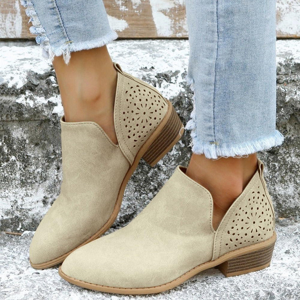 [V Cut Ankle Boots Short] Women's Ankle V Cut Short Boots, Hollow Out Chunky Heel Pointed Toe Shoes, Women's Footwear