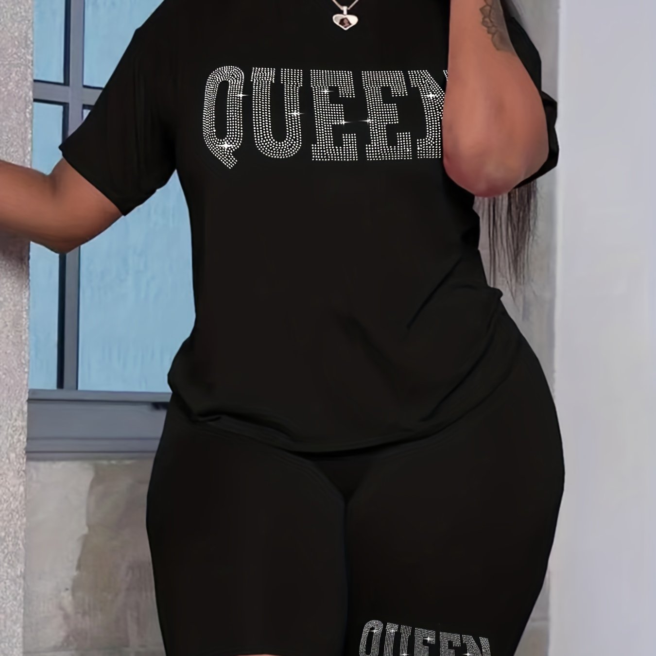 [2 Pieces Rhinestone Queen Outfit] Rhinestone Queen Print 2 Pieces Set, Crew Neck Short Sleeve T-shirt & Bodycon Shorts Outfits, Women's Clothing