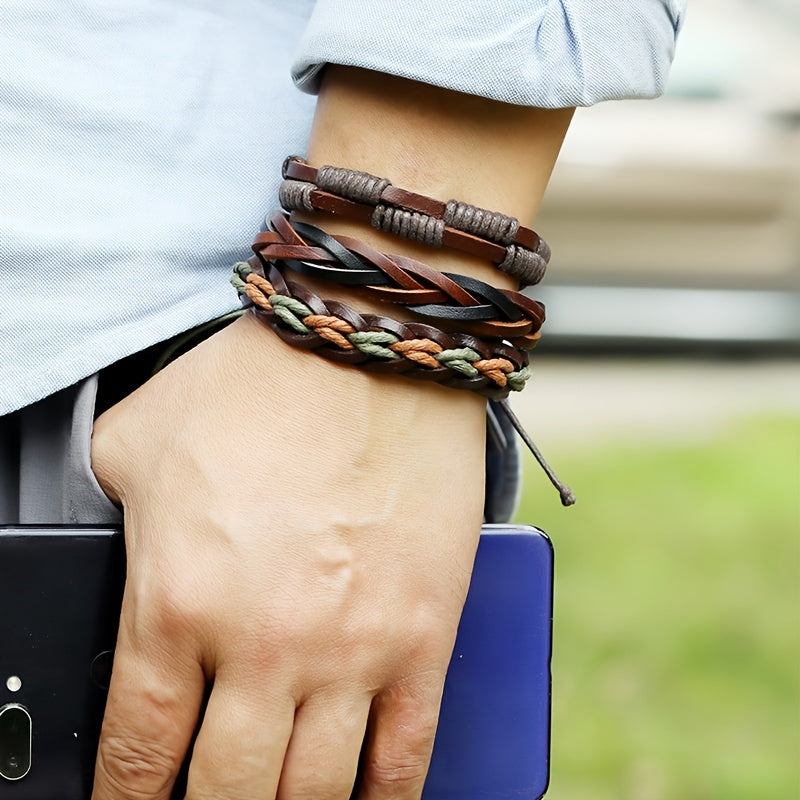 Vintage Funky Men's Adjustable Alloy Multilayer Combination Tree Of Life PU Leather Braided Bracelet