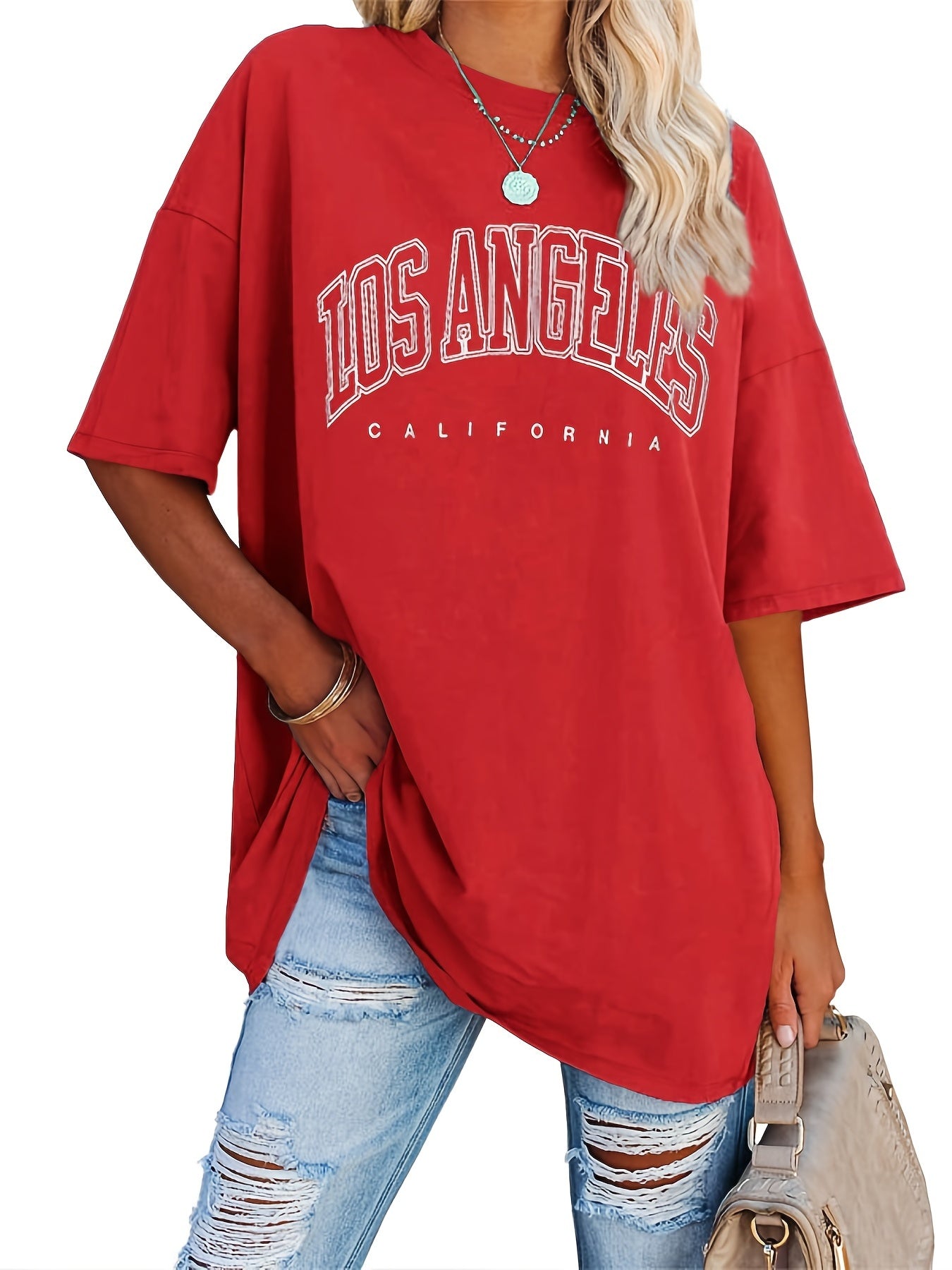 Oversized Letter Print T-Shirt, Crew Neck Short Sleeve T-Shirt, Casual Every Day Tops, Women's Clothing