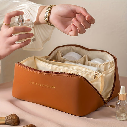Women's Waterproof PU Leather Cosmetic Bag - Spacious Organizer with Dividers & Handle