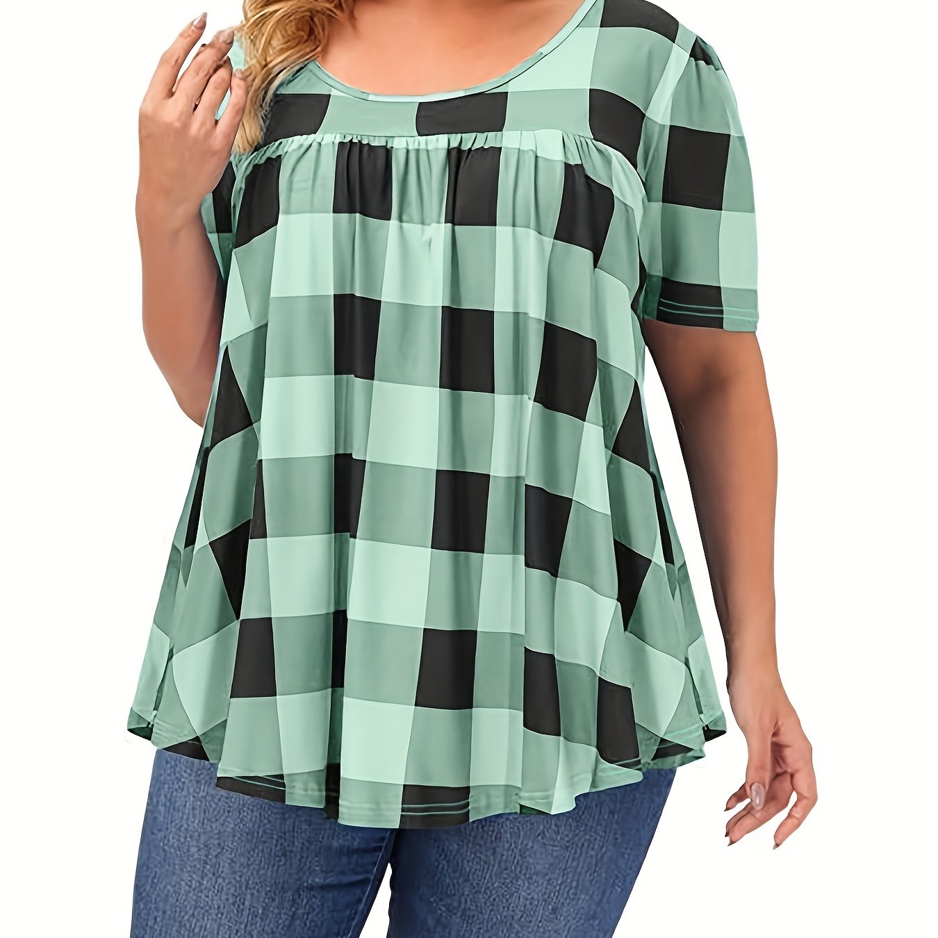 Women's Plus Size Blend T-Shirt - Short Sleeve, Round Neck, Loose Fit with Geometric Print