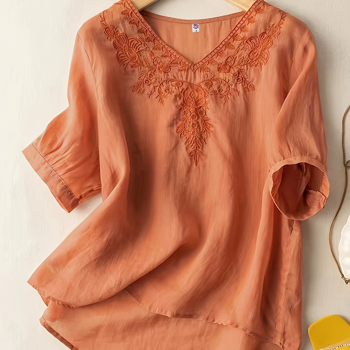 Floral Embroidery V Neck T-shirt, Vintage Half Sleeve Loose T-shirt For Spring & Summer, Women's Clothing