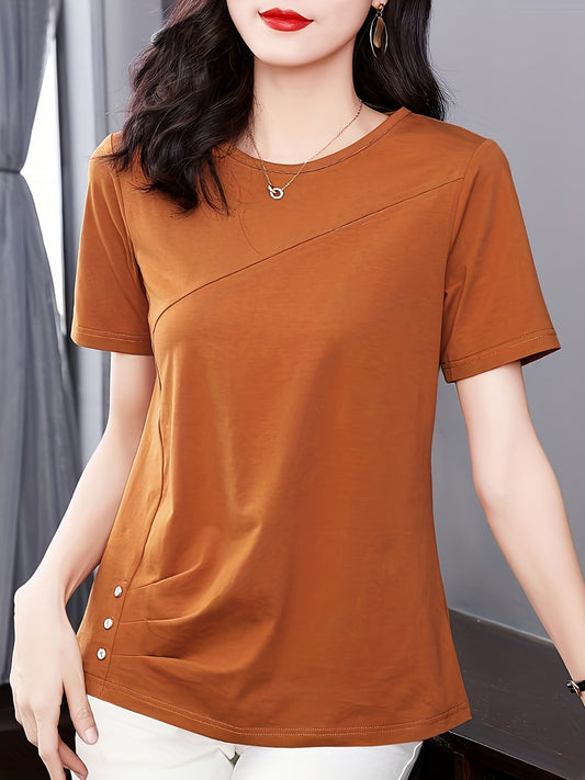 Versatile Crew Neck Solid Color Short Sleeve T-shirt - Soft Polyester Fabric, Classic Casual Style, Regular Length, No Elasticity, No Printing, Suitable for All Seasons - Womens Essential Wardrobe Staple
