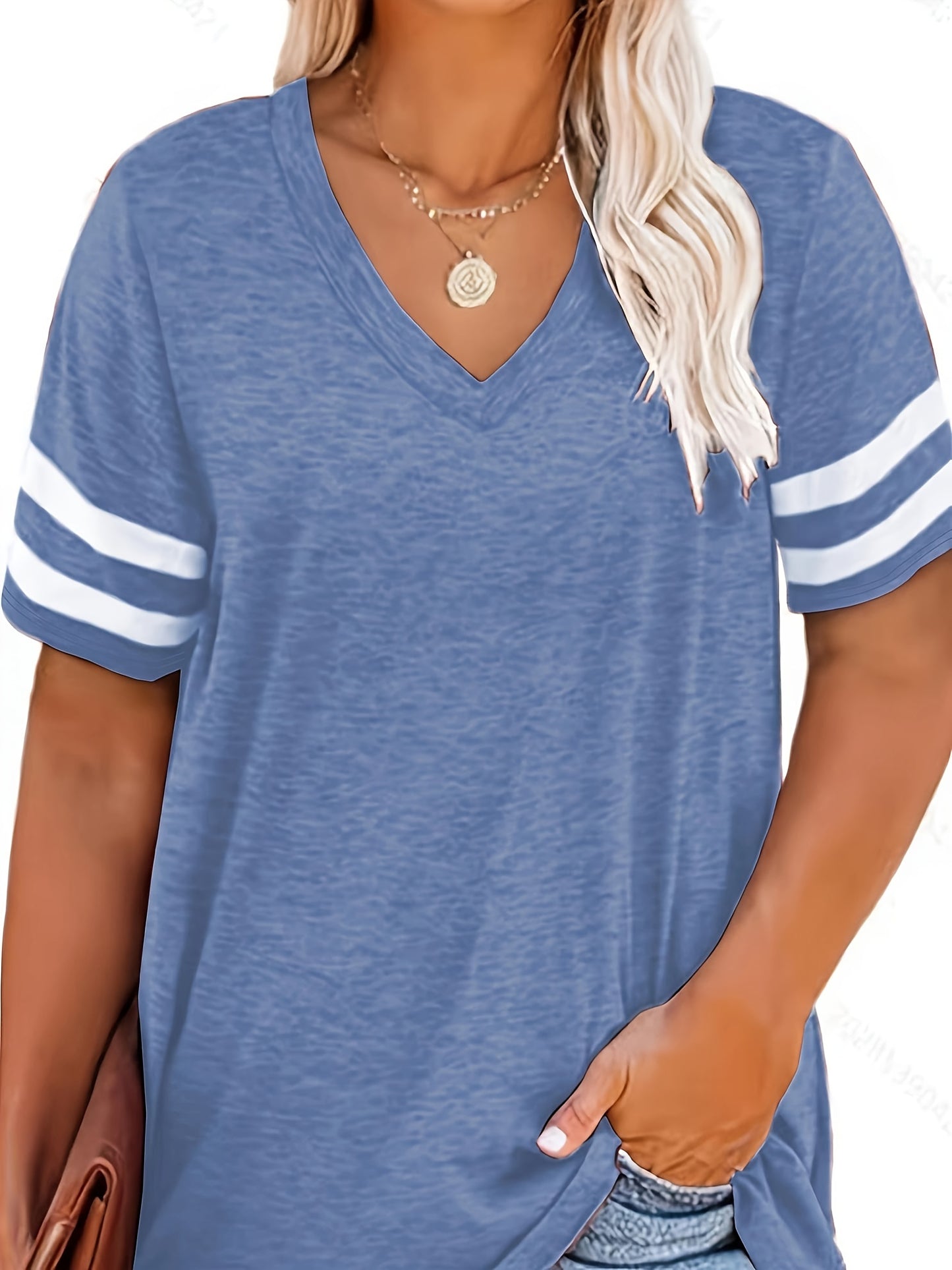 Plus Size V-Neck T-Shirt for Women - Casual & Comfy Short Sleeve Top in Heather Gray with Stripe Detail, Soft Stretch Fabric, Ideal for Casual Attire - Sizes XL to 5XL, Plus Size Shirts