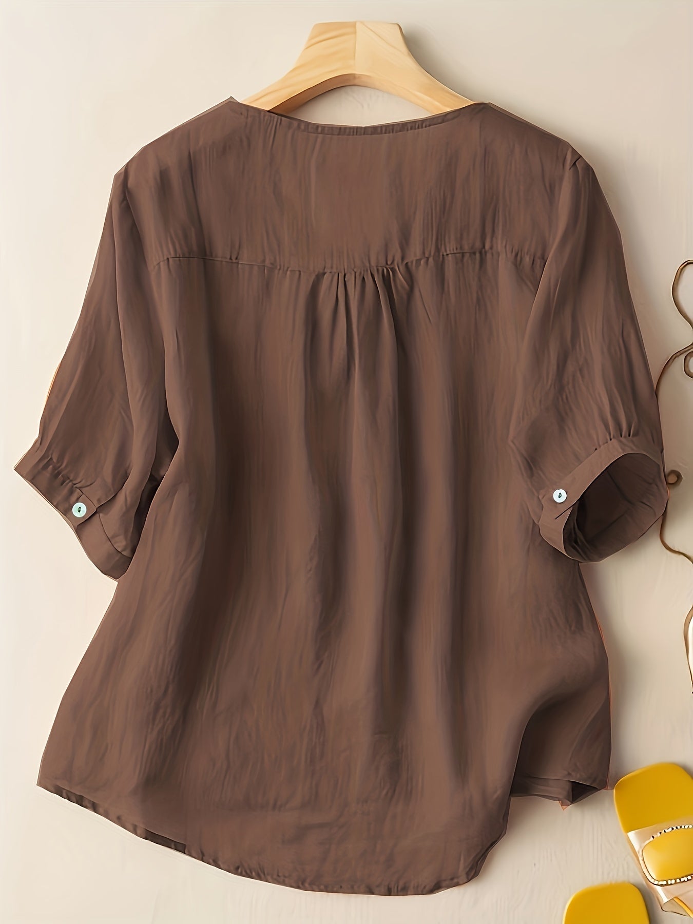Floral Embroidery V Neck T-shirt, Vintage Half Sleeve Loose T-shirt For Spring & Summer, Women's Clothing