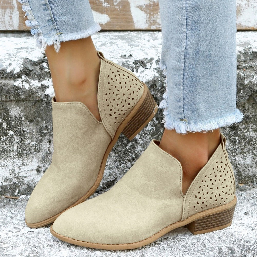 [V Cut Ankle Boots Short] Women's Ankle V Cut Short Boots, Hollow Out Chunky Heel Pointed Toe Shoes, Women's Footwear