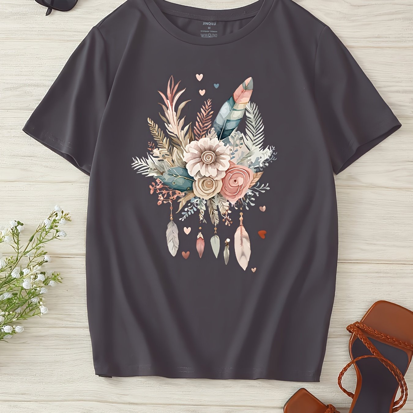Flower & Feather Print T-shirt, Casual Short Sleeve Crew Neck T-shirt For Spring & Summer, Women's Clothing