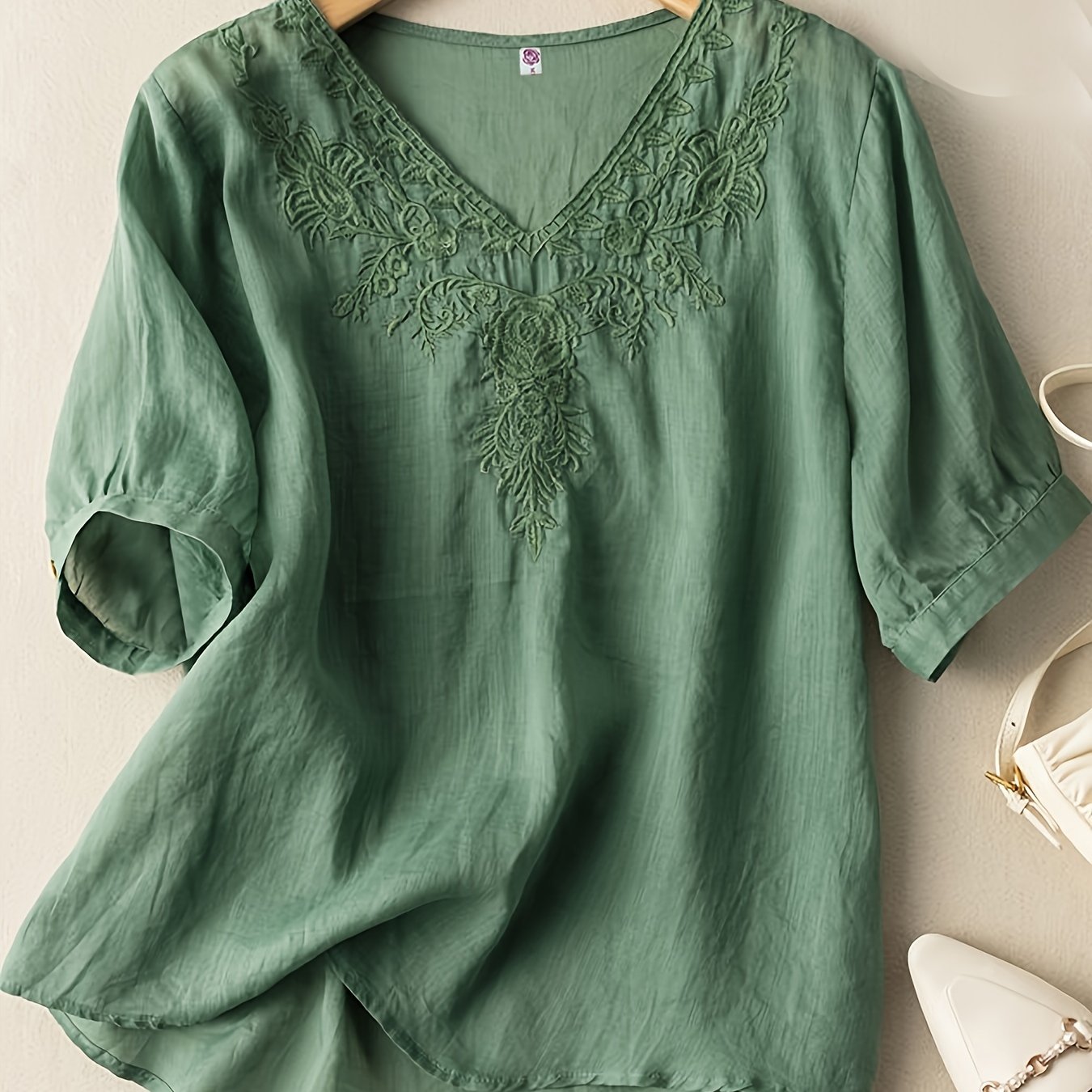 Floral Embroidery V Neck T-shirt, Vintage Half Sleeve Loose T-shirt For Spring & Summer, Women's Clothing