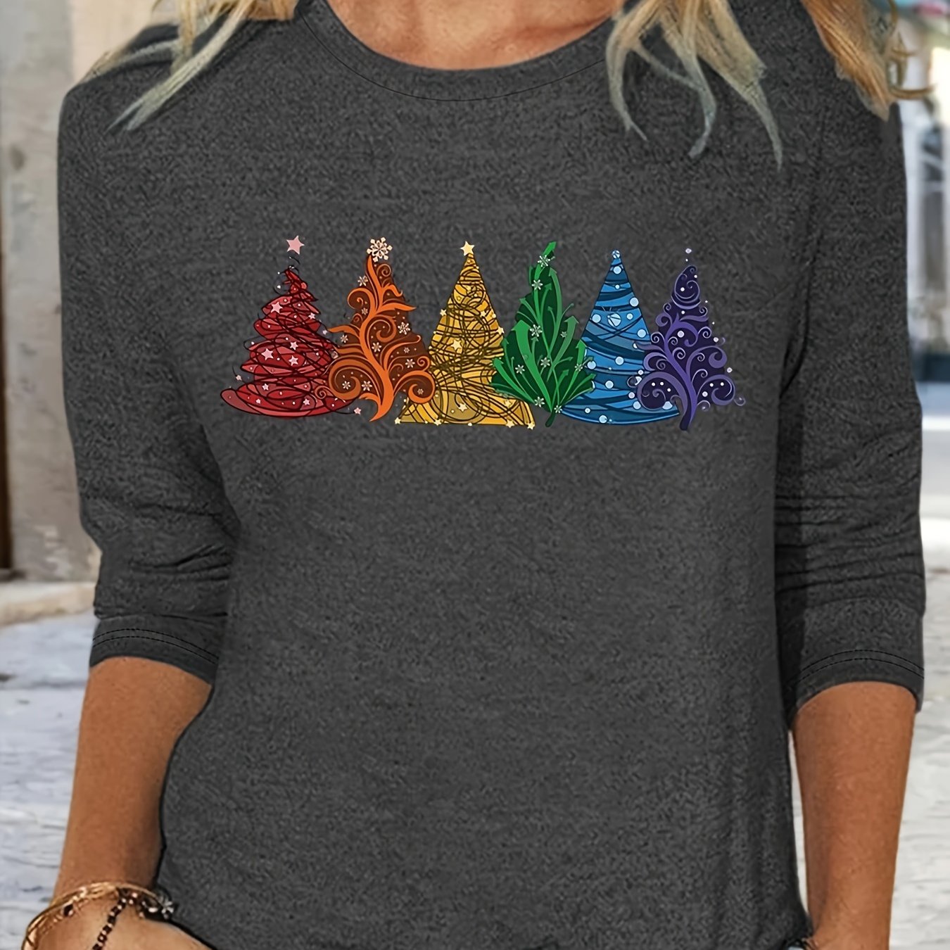 Christmas Tree Print Crew Neck T-Shirt, Casual Long Sleeve T-Shirt For Spring & Fall, Women's Clothing