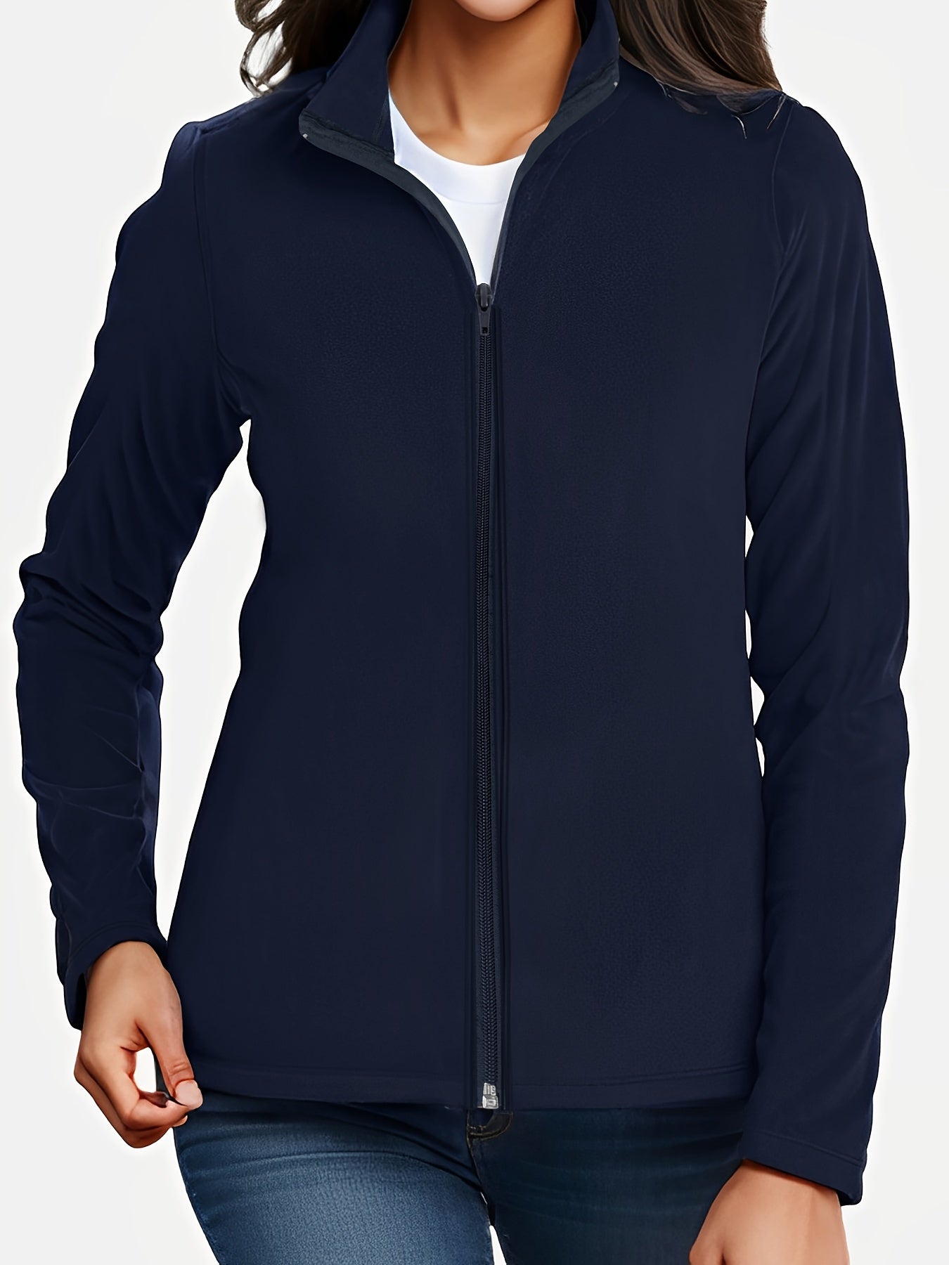 Thermal Stand Collar Jacket, Warm Solid Zipper Jacket, Casual Outerwear For Fall & Winter, Women's Clothing