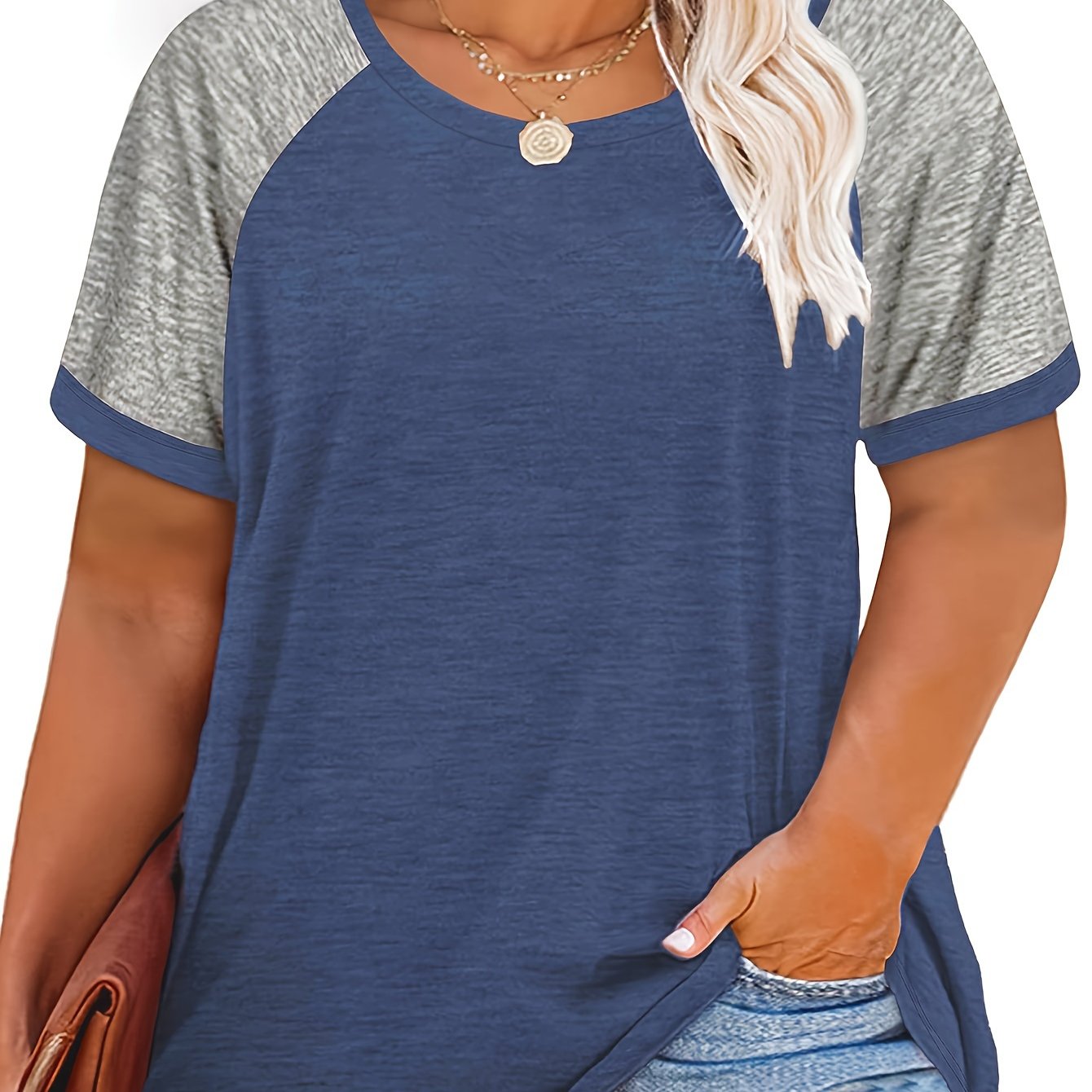 [Plus Size Slight Stretch T-shirt] Plus Size Casual T-shirt, Women's Plus Colorblock Short Sleeve Round Neck Slight Stretch T-shirt