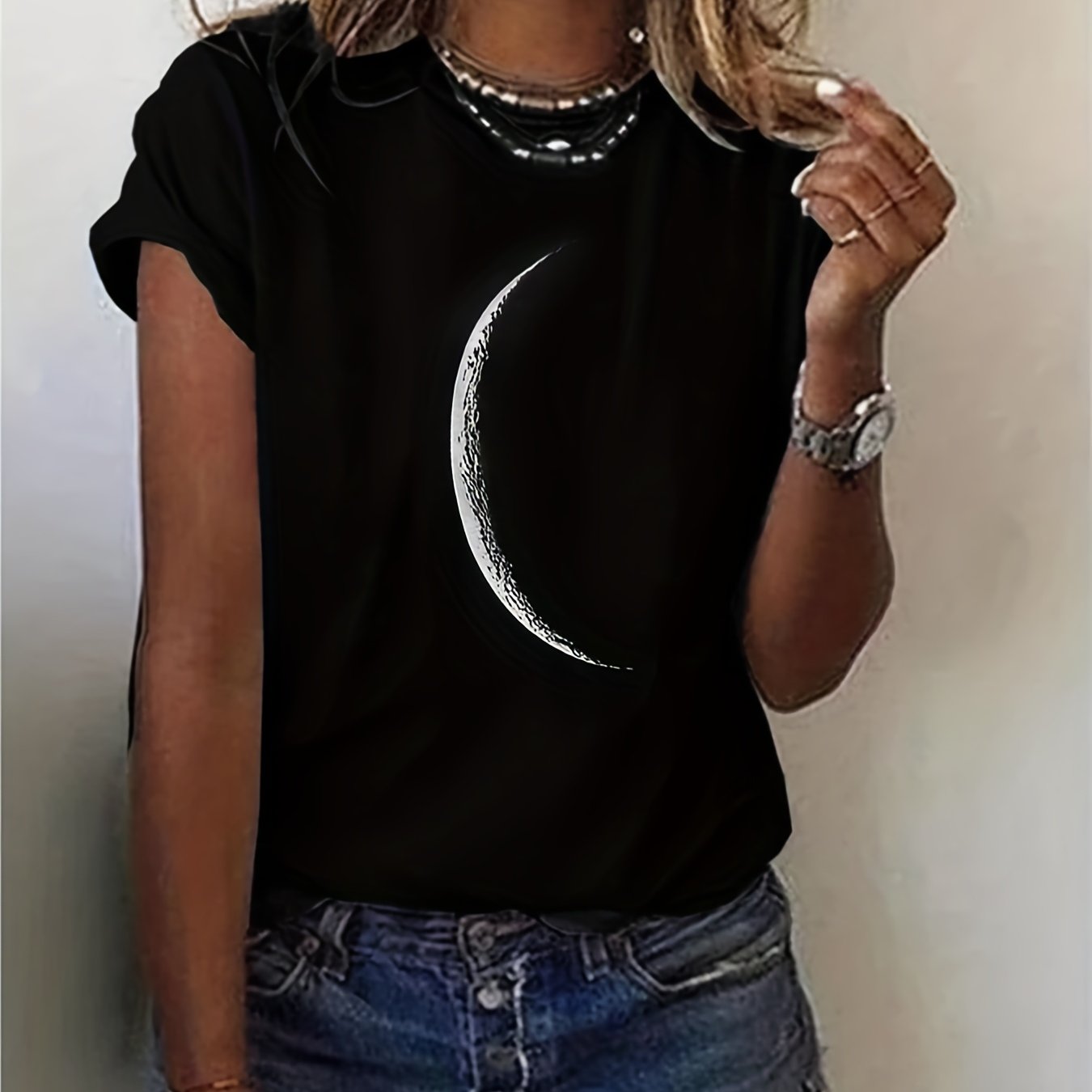 Moon Print Crew Neck T-Shirt, Casual Short Sleeve T-Shirt For Spring & Summer, Women's Clothing