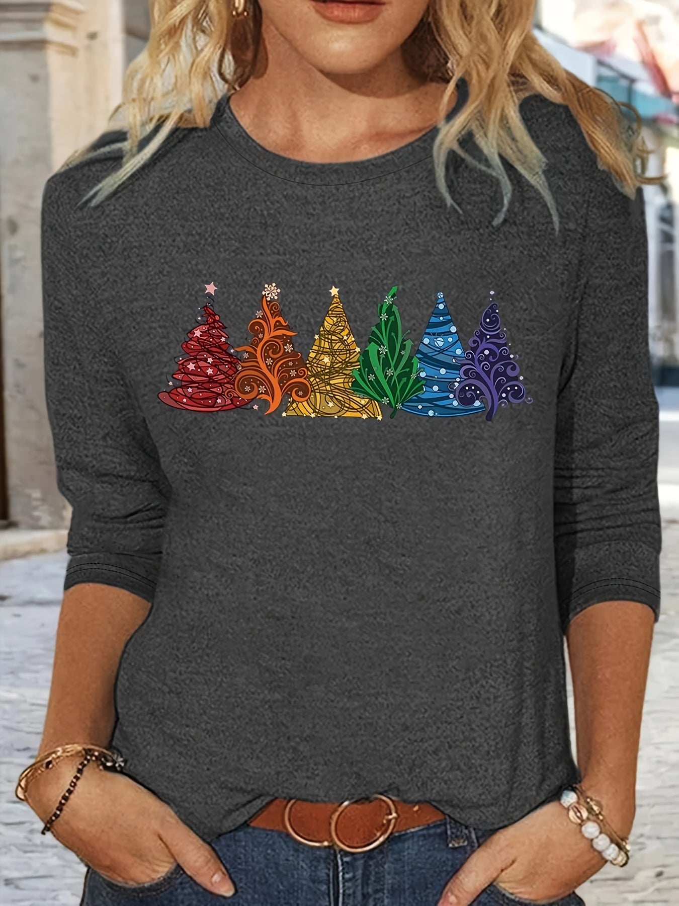 Christmas Tree Print Crew Neck T-Shirt, Casual Long Sleeve T-Shirt For Spring & Fall, Women's Clothing