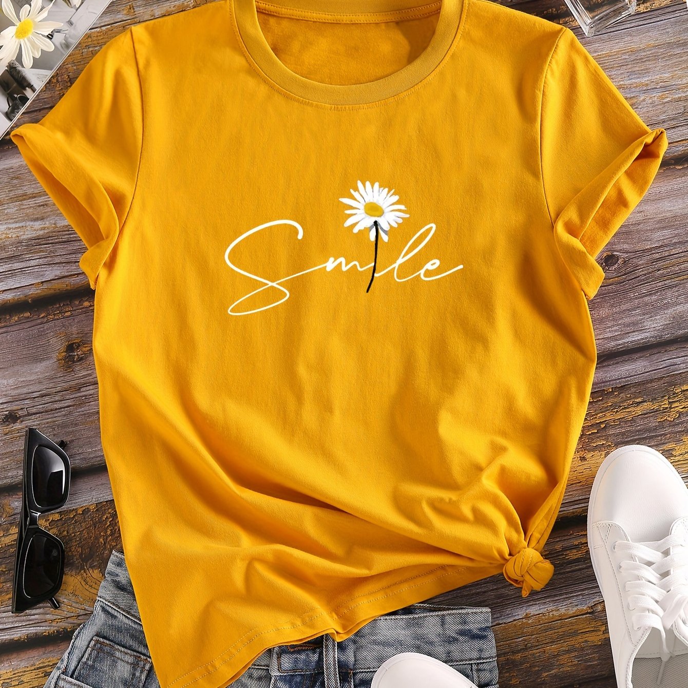 Vibrant Flower & Letter Print Crew Neck T-Shirt - Relaxed Fit, Short Sleeve, Classic Style - Perfect for Spring and Summer, Womens Casual Clothing