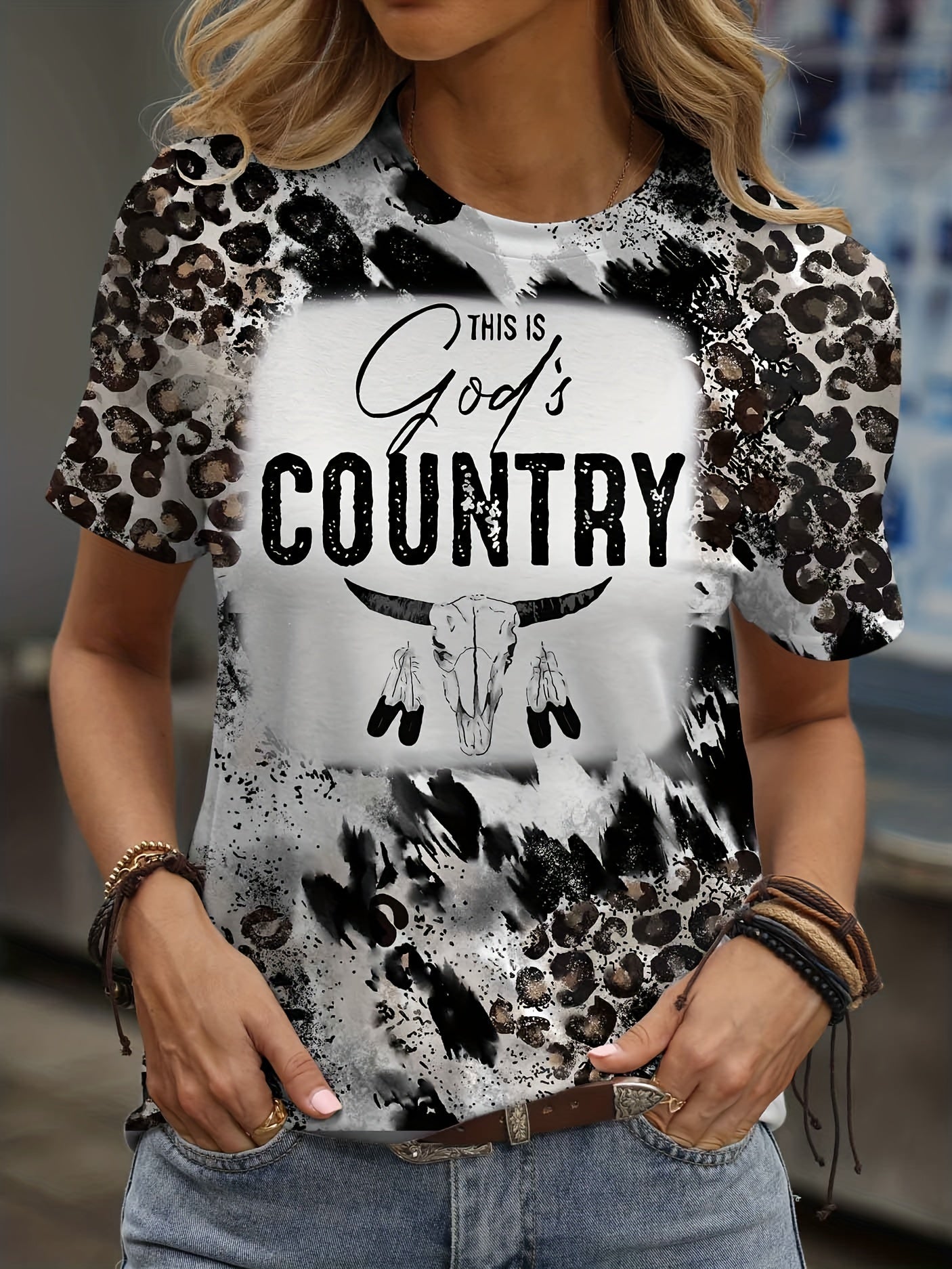Leopard & Letter COUNTRY Print Crew Neck T-Shirt, Casual Short Sleeve Top For Spring & Summer, Women's Clothing