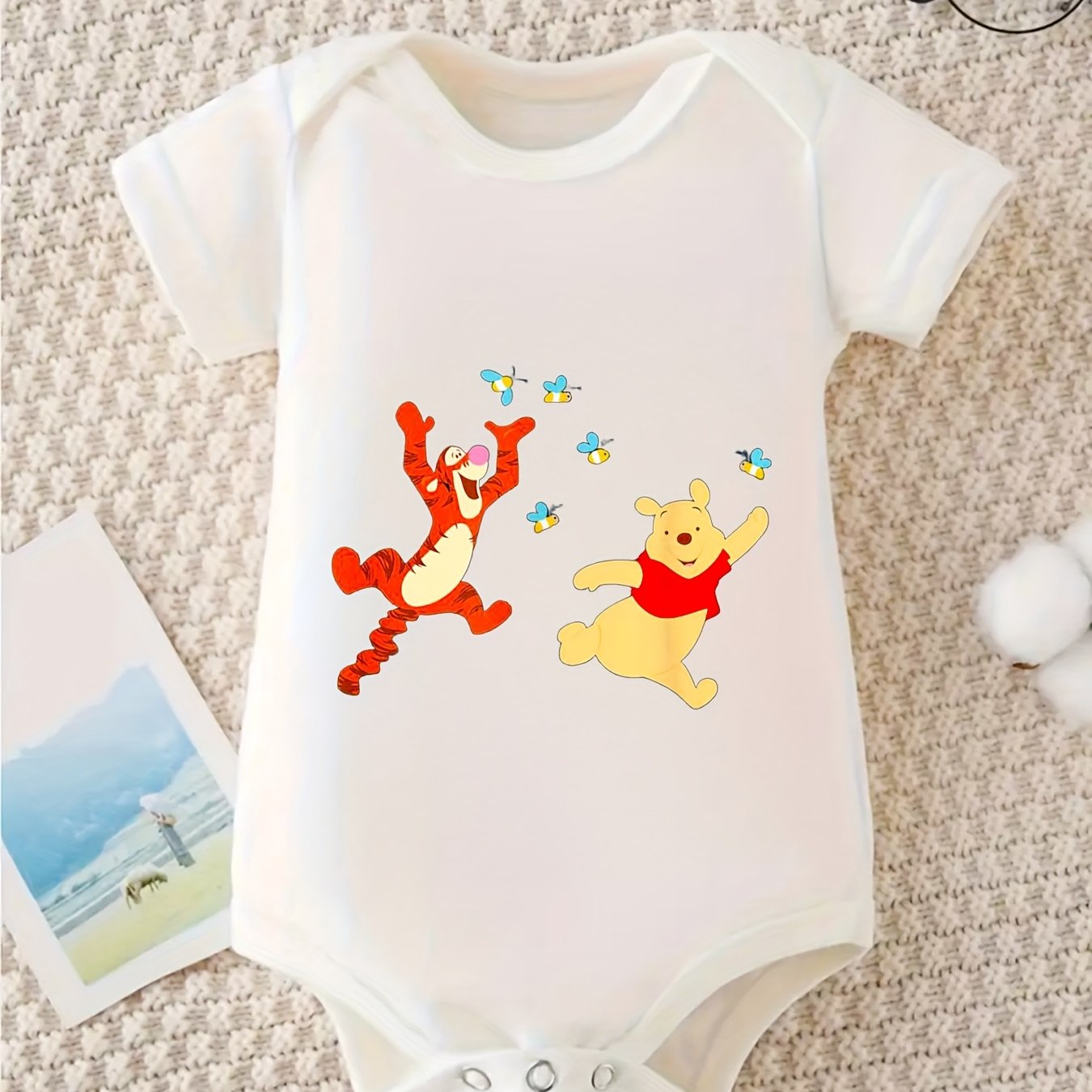 100% Cotton Baby Crawling Clothes - Tigger & Pooh Easter Design, Soft Gray, Short Sleeve, Round Neck, All-Season Casual Wear for Little Ones, Allseason Clothing | Playful Print Top | Cotton Fabric, Baby Clothes, for Outdoor